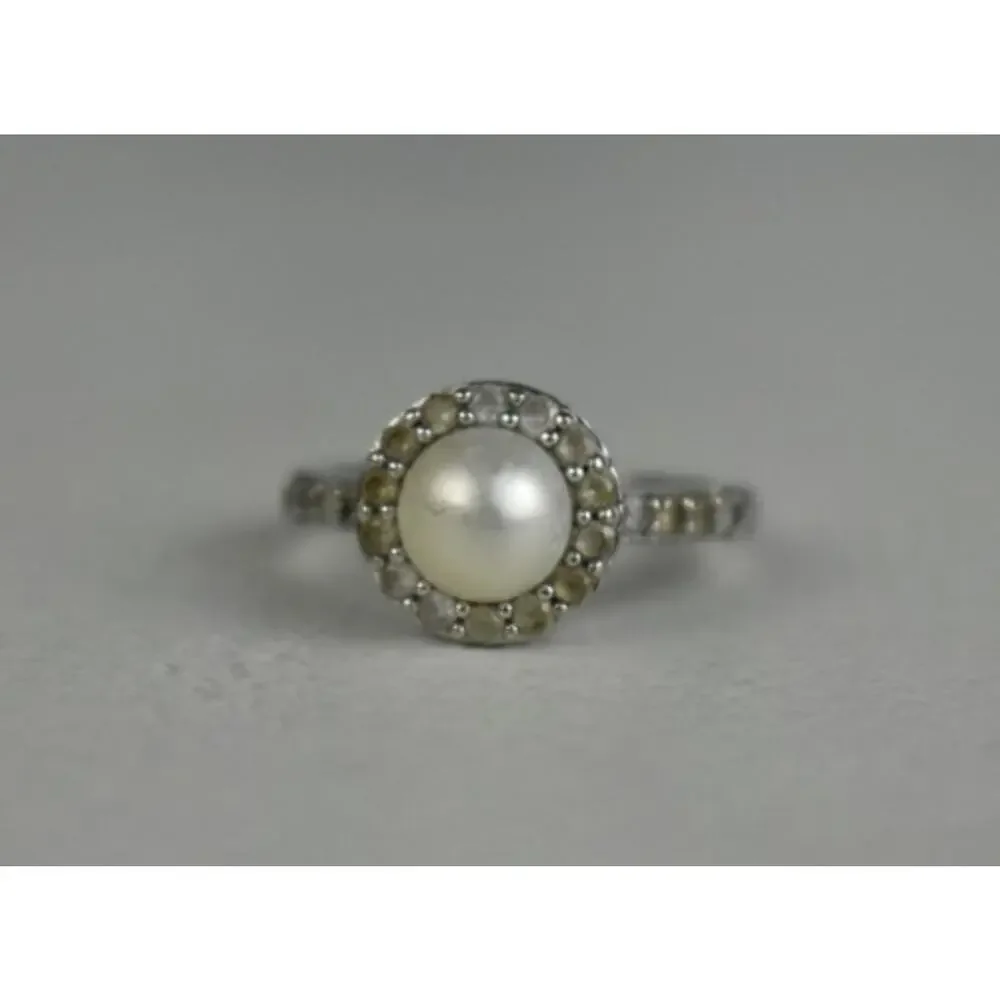 925 Sterling Silver Pearl & Colorless Spinel Ring Size 7